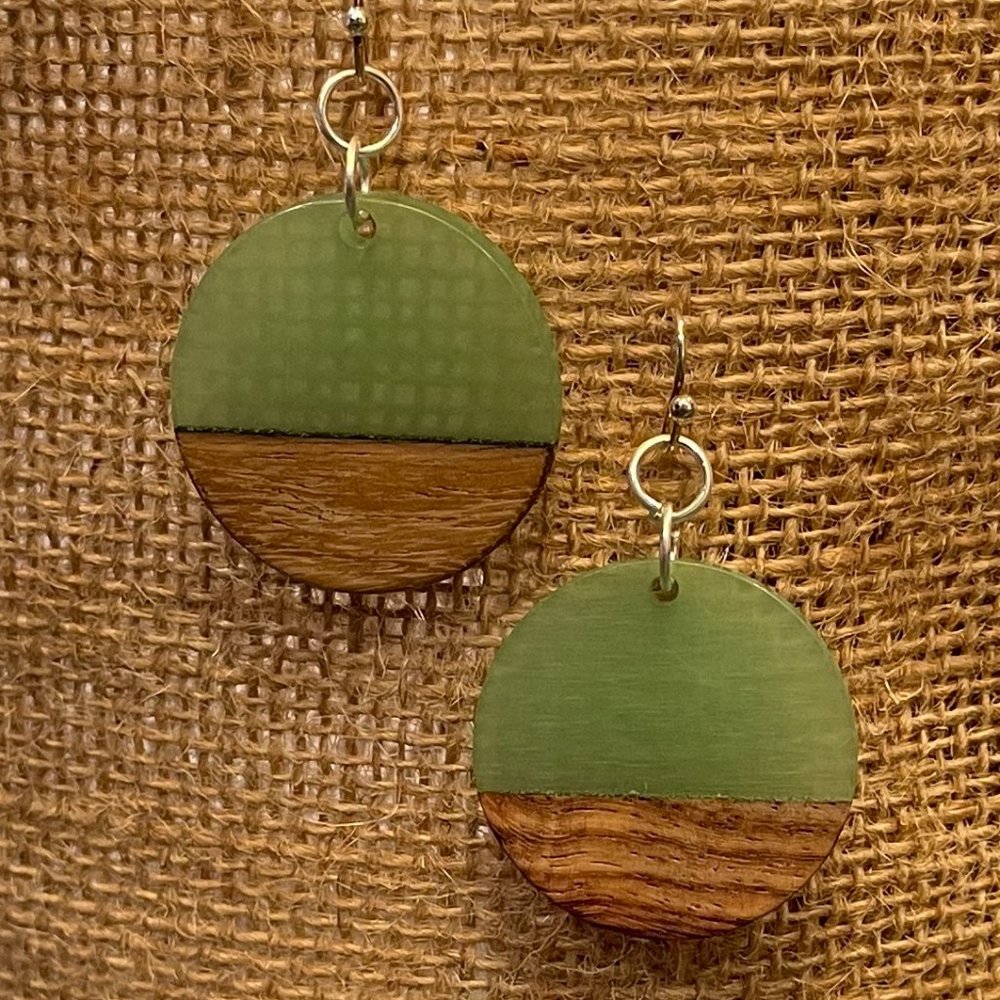 New Handmade Earrings, wood and green resin